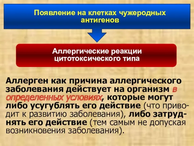 Появление на клетках чужеродных антигенов Аллергические реакции цитотоксического типа Аллерген как причина аллергического