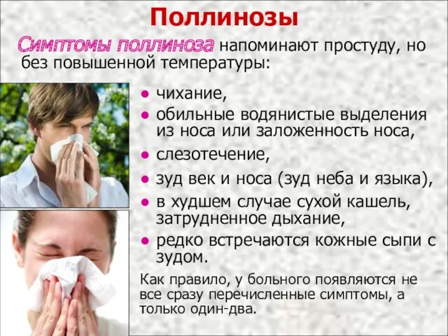 Поллинозы Симптомы поллиноза напоминают простуду, но без повышенной температуры: ● чихание, ● обильные