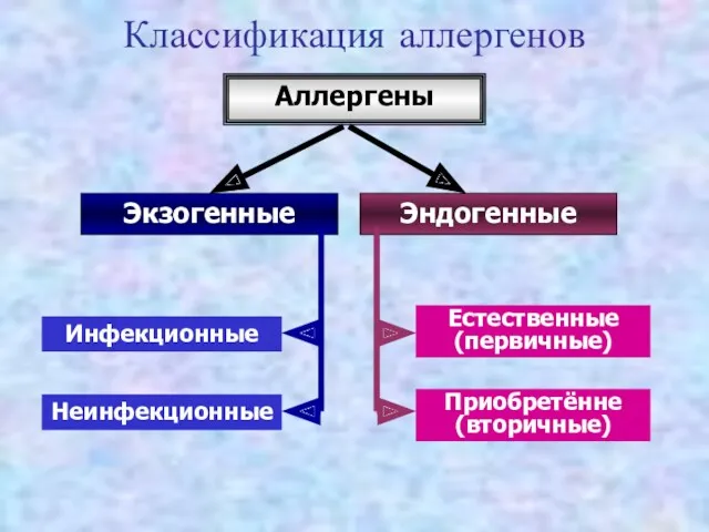 Классификация аллергенов Аллергены Эндогенные Экзогенные Инфекционные Неинфекционные Естественные (первичные) Приобретённе (вторичные)