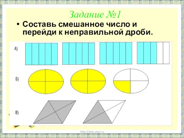 http://aida.ucoz.ru Задание №1 Составь смешанное число и перейди к неправильной дроби.