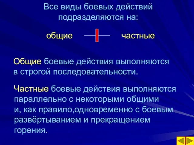 Все виды боевых действий подразделяются на: общие частные Общие боевые