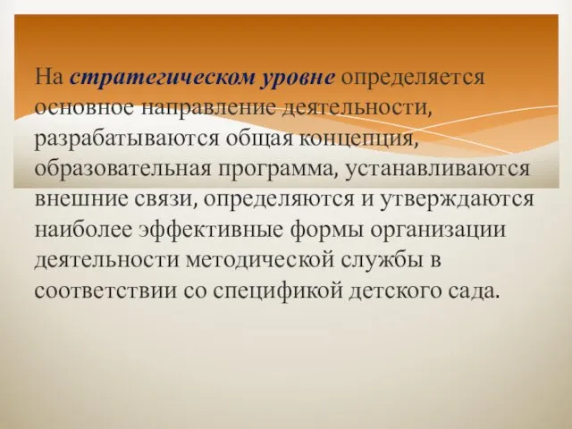 На стратегическом уровне определяется основное направление деятельности, разрабатываются общая концепция,