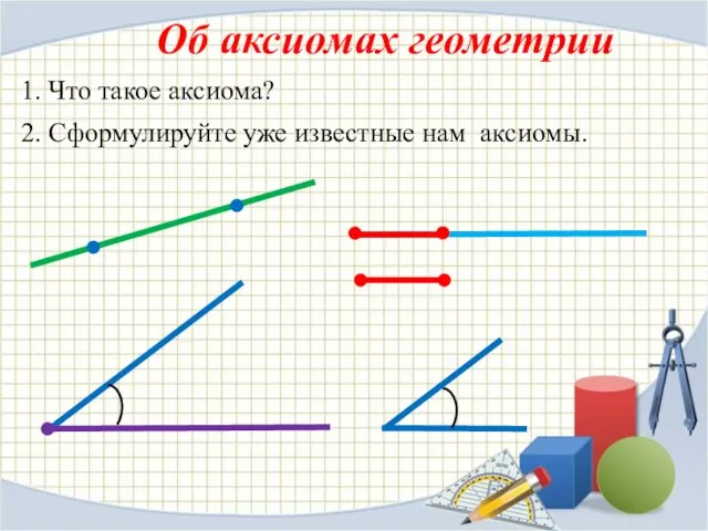 Об аксиомах геометрии 1. Что такое аксиома? 2. Сформулируйте уже известные нам аксиомы.