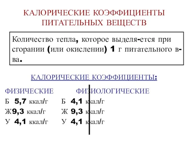 КАЛОРИЧЕСКИЕ КОЭФФИЦИЕНТЫ ПИТАТЕЛЬНЫХ ВЕЩЕСТВ Количество тепла, которое выделя-ется при сгорании