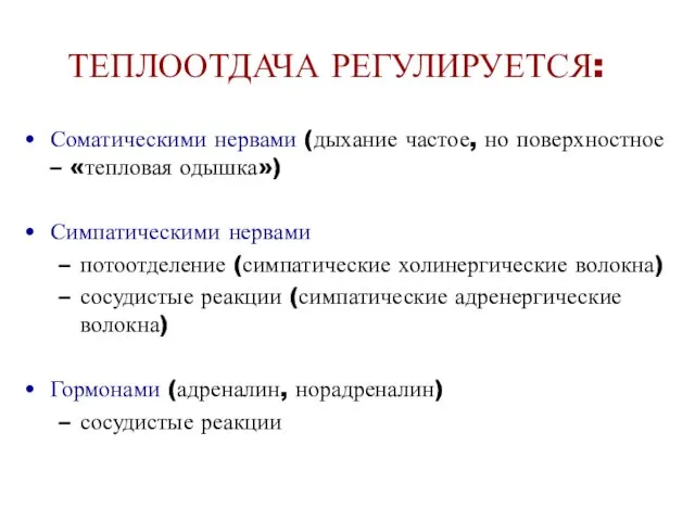 ТЕПЛООТДАЧА РЕГУЛИРУЕТСЯ: Соматическими нервами (дыхание частое, но поверхностное – «тепловая