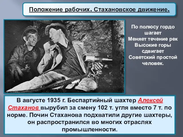 Положение рабочих. Стахановское движение. В августе 1935 г. Беспартийный шахтер Алексей Стаханов вырубил