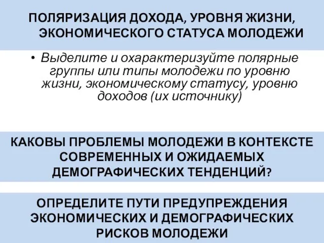 ПОЛЯРИЗАЦИЯ ДОХОДА, УРОВНЯ ЖИЗНИ, ЭКОНОМИЧЕСКОГО СТАТУСА МОЛОДЕЖИ Выделите и охарактеризуйте