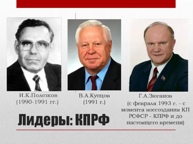 Лидеры: КПРФ И.К.Полозков (1990-1991 гг.) В.А.Купцов (1991 г.) Г.А.Зюганов (с