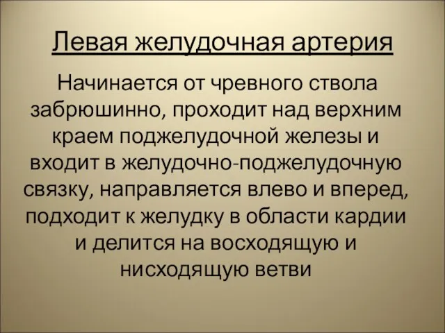 Левая желудочная артерия Начинается от чревного ствола забрюшинно, проходит над