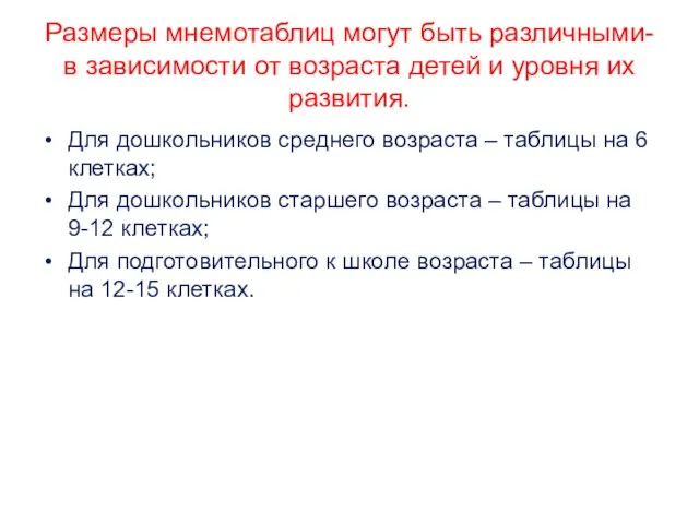 Размеры мнемотаблиц могут быть различными- в зависимости от возраста детей