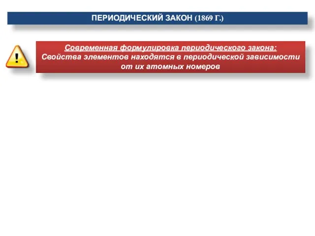 Современная формулировка периодического закона: Свойства элементов находятся в периодической зависимости