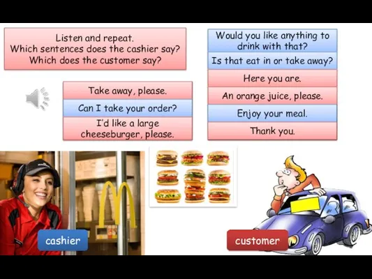 Listen and repeat. Which sentences does the cashier say? Which