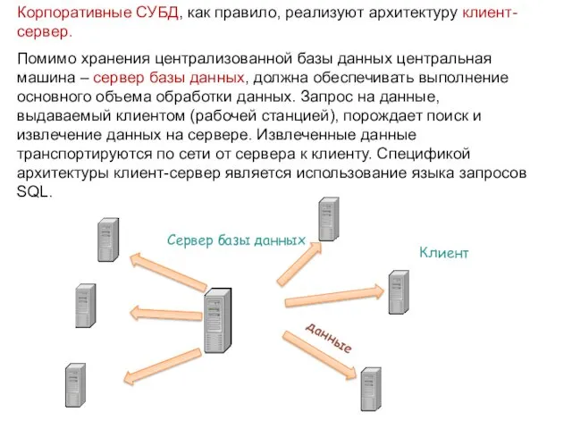 Корпоративные СУБД, как правило, реализуют архитектуру клиент-сервер. Помимо хранения централизованной базы данных центральная