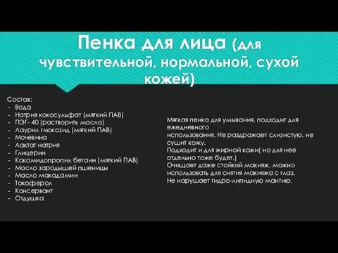 Пенка для лица (для чувствительной, нормальной, сухой кожей) Состав: Вода