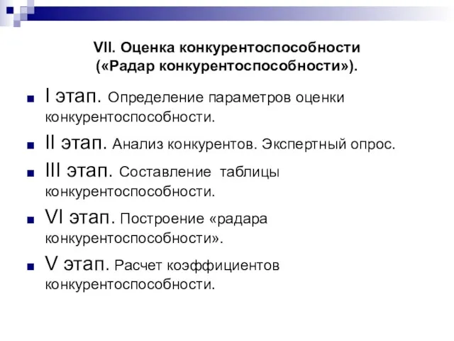 VII. Оценка конкурентоспособности («Радар конкурентоспособности»). I этап. Определение параметров оценки