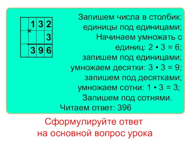 Запишем числа в столбик: единицы под единицами; Начинаем умножать с