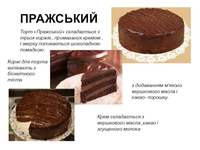 ПРАЖСЬКИЙ Торт «Пражський» складається з трьох коржів , промазаних кремом