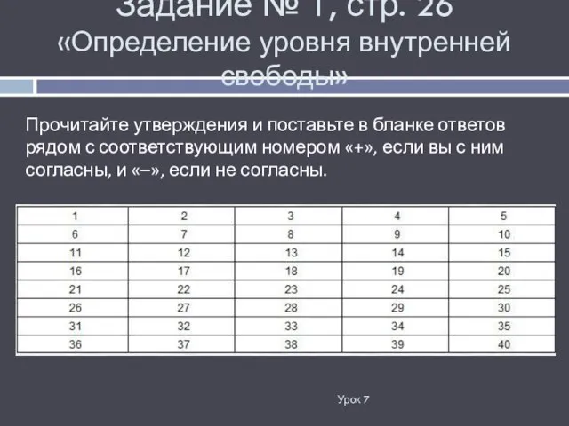 Задание № 1, стр. 26 «Определение уровня внутренней свободы» Урок