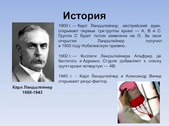 История 1900 г. — Карл Ландштейнер, австрийский врач, открывает первые