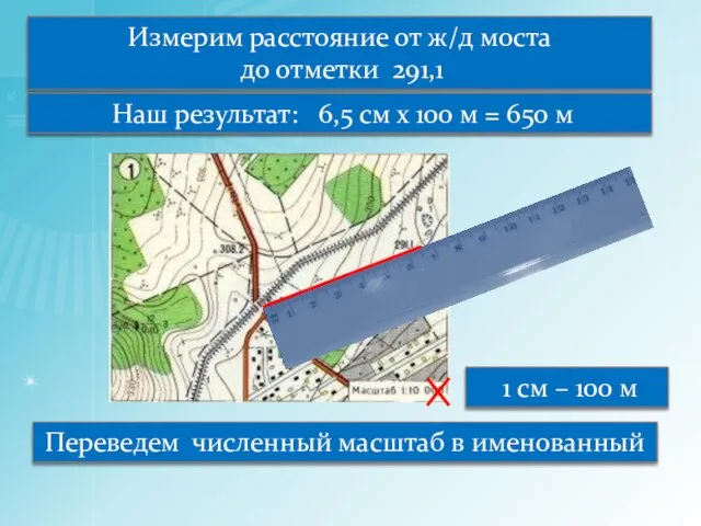 Измерим расстояние от ж/д моста до отметки 291,1 Переведем численный