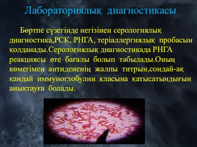 Лабораториялық диагностикасы Бөртпе сүзегінде негізінен серологиялық диагностика,РСК, РНГА, теріаллергиялық пробасын қолданады.Серологиялық диагностикада РНГА