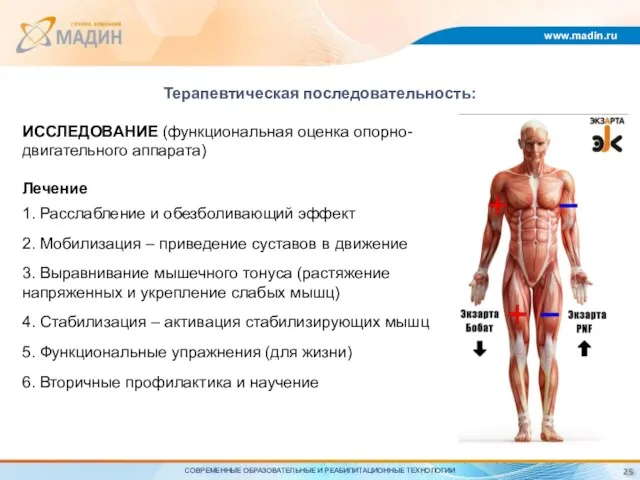 www.madin.ru Терапевтическая последовательность: ИССЛЕДОВАНИЕ (функциональная оценка опорно-двигательного аппарата) Лечение 1. Расслабление и обезболивающий