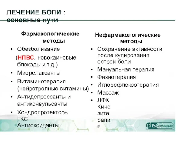 ЛЕЧЕНИЕ БОЛИ : основные пути Фармакологические методы • Обезболивание (НПВС,