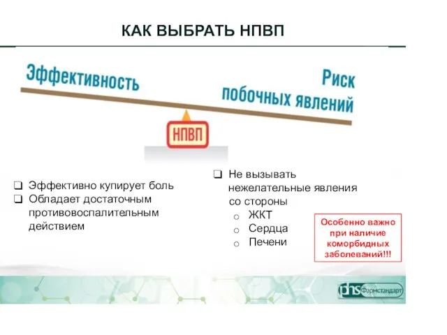 КАК ВЫБРАТЬ НПВП ❑ Эффективно купирует боль ❑ Обладает достаточным