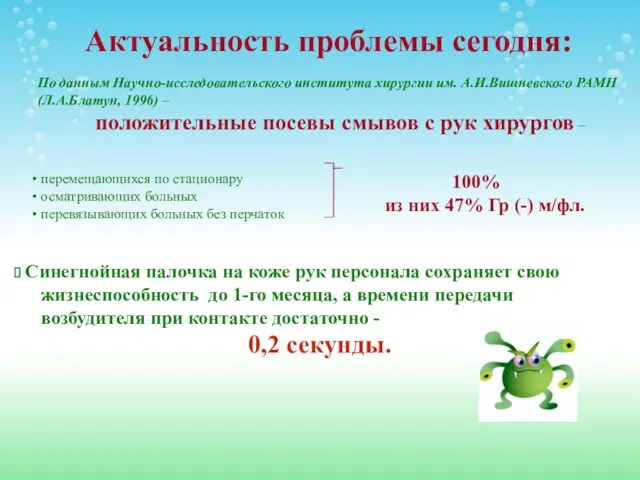 Актуальность проблемы сегодня: По данным Научно-исследовательского института хирургии им. А.И.Вишневского