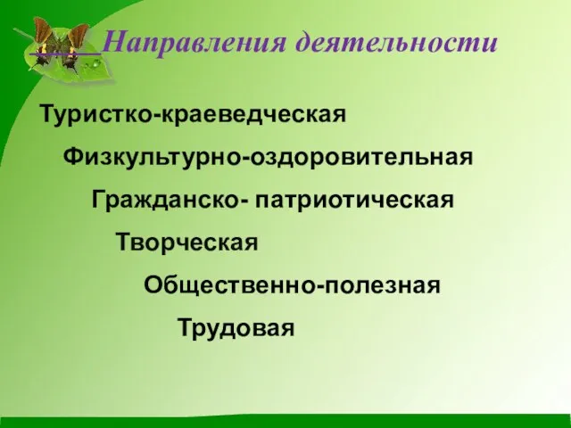 Гражданско- патриотическая Физкультурно-оздоровительная Туристко-краеведческая Творческая Общественно-полезная Направления деятельности Трудовая