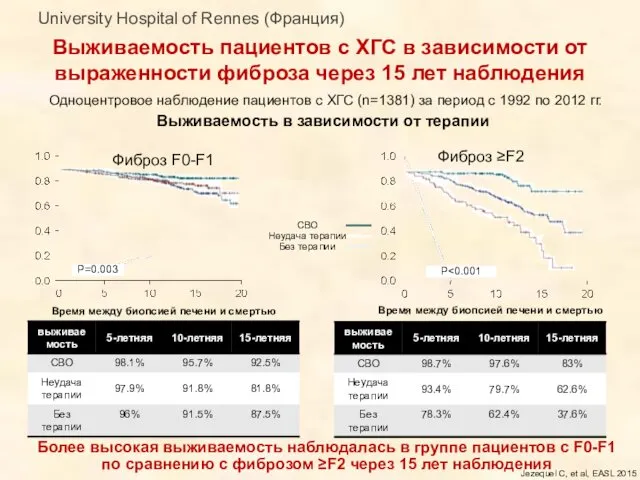 Выживаемость пациентов с ХГС в зависимости от выраженности фиброза через 15 лет наблюдения