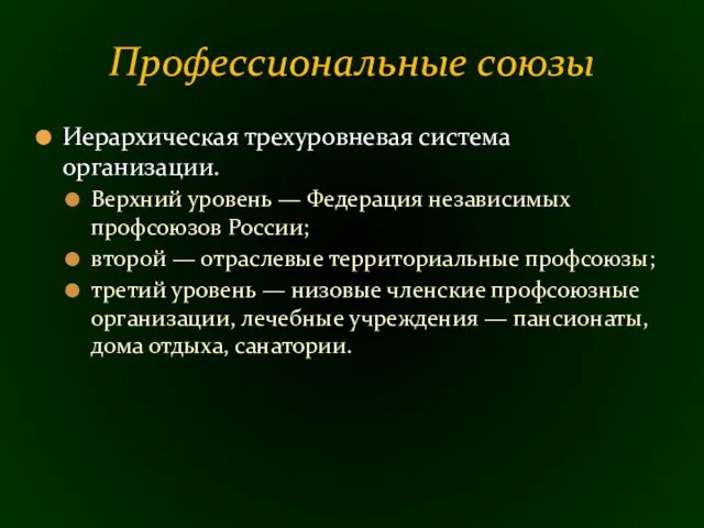 Иерархическая трех­уровневая система организации. Верхний уровень — Федерация независимых профсоюзов России; второй —