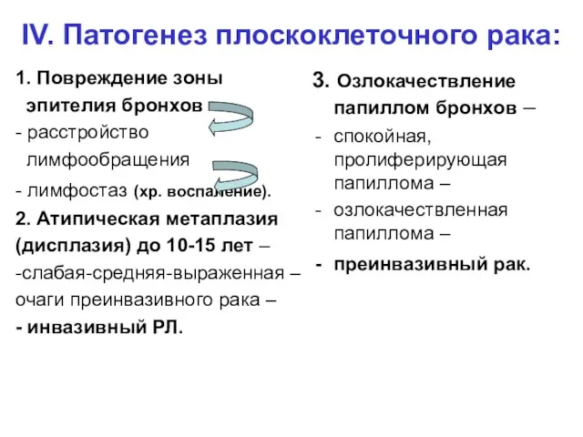 IV. Патогенез плоскоклеточного рака: 1. Повреждение зоны эпителия бронхов - расстройство лимфообращения -