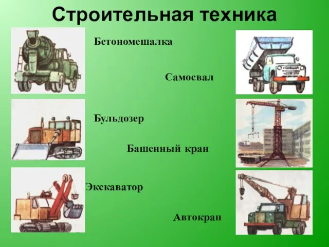 Строительная техника Бетономешалка Самосвал Бульдозер Башенный кран Экскаватор Автокран