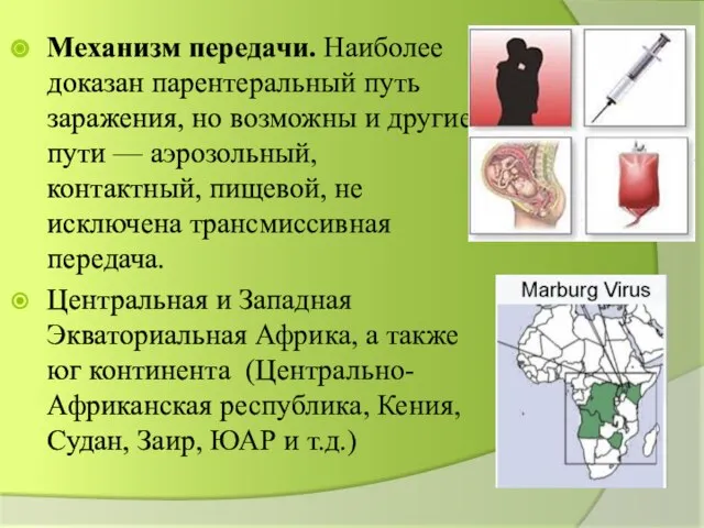 Механизм передачи. Наиболее доказан парентеральный путь заражения, но возможны и