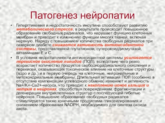 Патогенез нейропатии Гипергликемия и недостаточность инсулина способствуют развитию метаболического стресса,