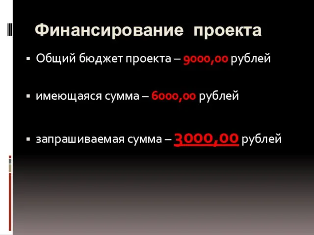 Финансирование проекта Общий бюджет проекта – 9000,00 рублей имеющаяся сумма