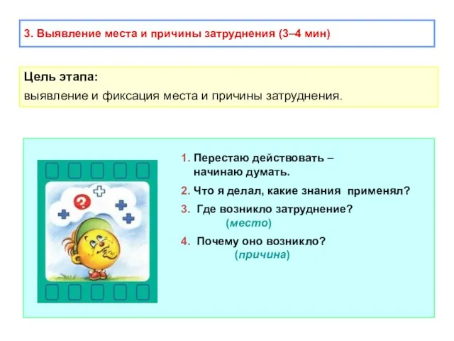 3. Выявление места и причины затруднения (3–4 мин) Цель этапа: