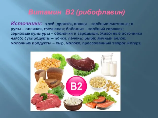 Витамин В2 (рибофлавин) Источники: хлеб, дрожжи, овощи – зелёные листовые;