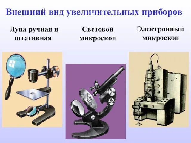 Лупа ручная и штативная Световой микроскоп Электронный микроскоп Внешний вид увеличительных приборов