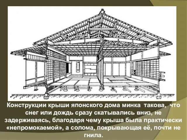 Конструкции крыши японского дома минка такова, что снег или дождь сразу скатывались вниз,