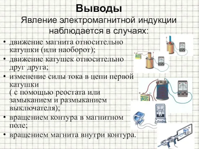 Выводы Явление электромагнитной индукции наблюдается в случаях: движение магнита относительно