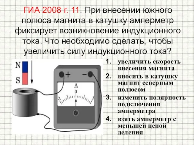 ГИА 2008 г. 11. При внесении южного полюса магнита в