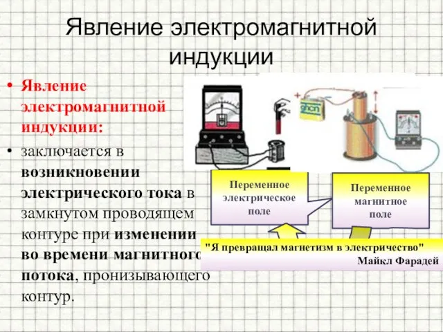 Явление электромагнитной индукции Явление электромагнитной индукции: заключается в возникновении электрического