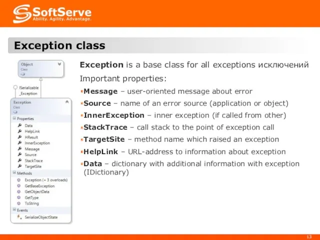 Exception is a base class for all exceptions исключений Important properties: Message –