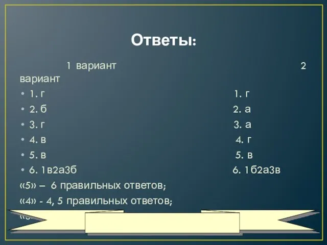 Ответы: 1 вариант 2 вариант 1. г 1. г 2.