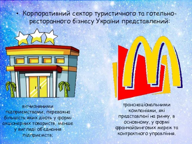 Корпоративний сектор туристичного та готельно-ресторанного бізнесу України представлений: вітчизняними підприємствами,