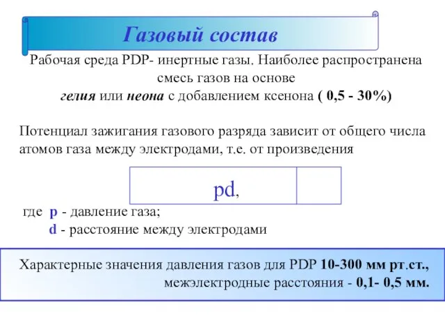 Газовый состав Рабочая среда PDP- инертные газы. Наиболее распространена смесь