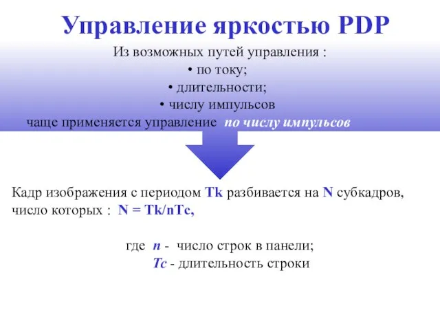 Управление яркостью PDP Из возможных путей управления : по току;