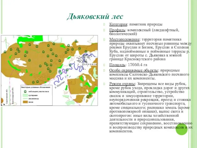 Дьяковский лес Категория: памятник природы Профиль: комплексный (ландшафтный, биологический) Местоположение: